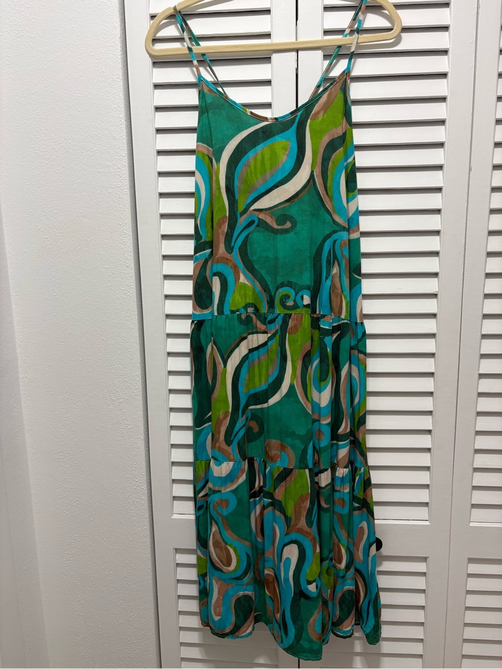 Teal Abstract Print Maxi Dress with Double Spaghetti Straps